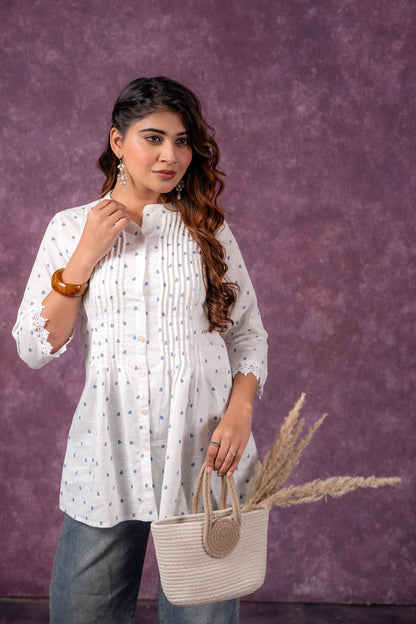 Juniper Cloud Blossom Printed Short Peplum Kurti With Lace Sleeves - Distacart