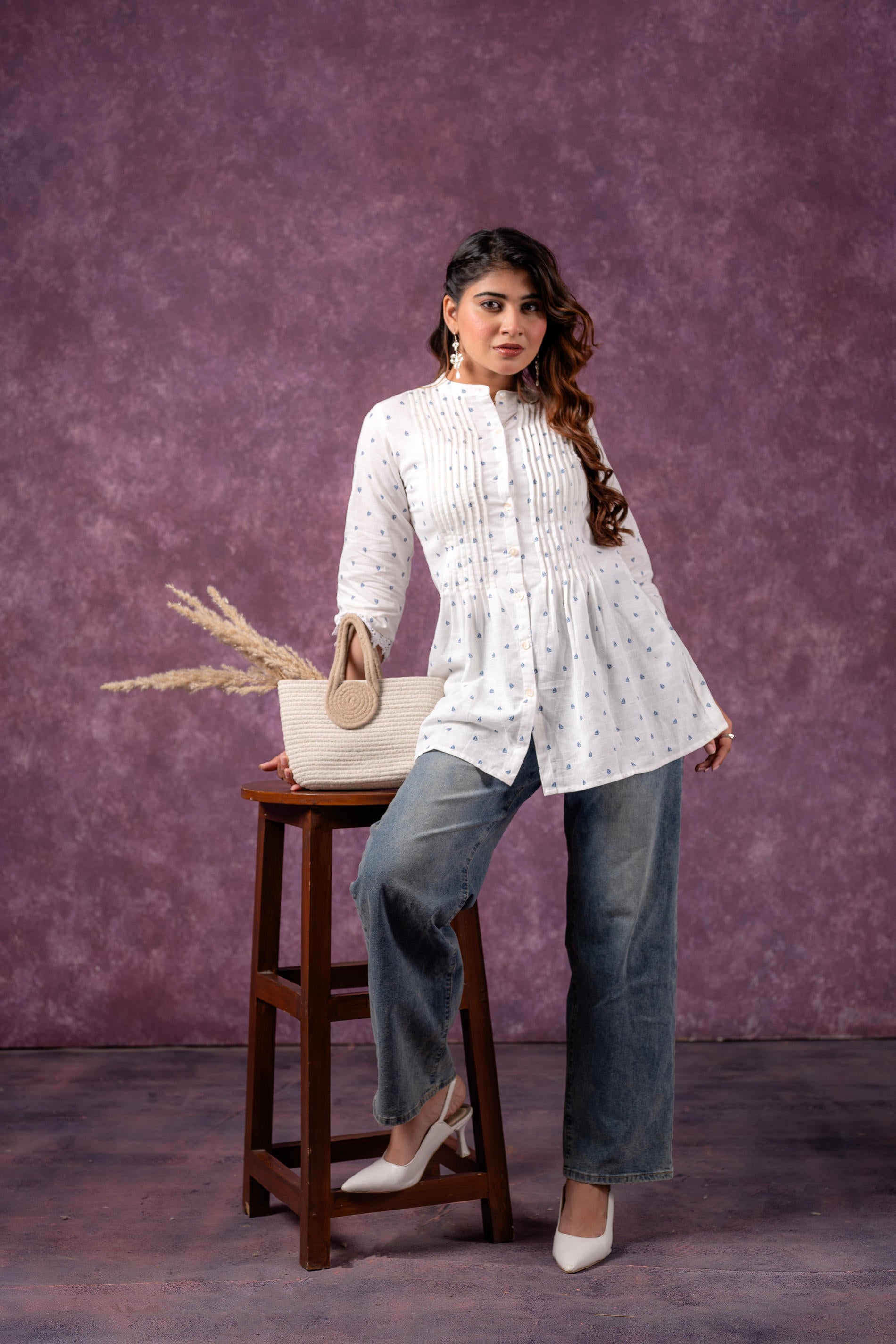 Juniper Cloud Blossom Printed Short Peplum Kurti With Lace Sleeves - Distacart