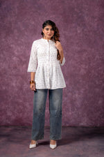 Thumbnail for Juniper Cloud Blossom Printed Short Peplum Kurti With Lace Sleeves - Distacart
