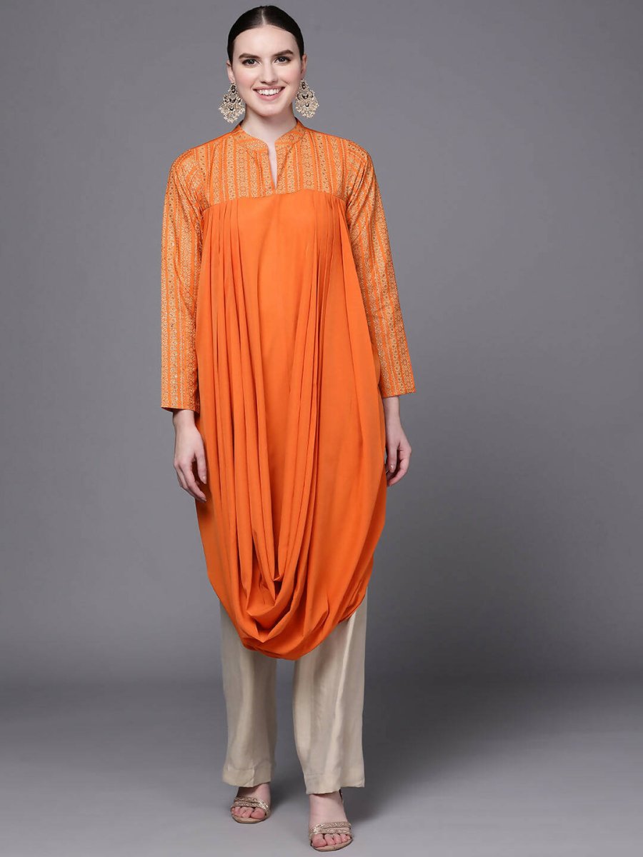 Ahalyaa Women Orange Ethnic Motifs Printed Crepe Cowl Kurta - Distacart
