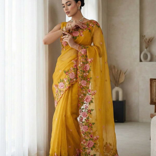 Joban Fashion Yellow Candy Crush Party Wear Sarees - Distacart