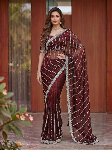 Lehenga Mart Designer Bollywood Style Party Wear Saree-Maroon - Dista