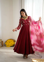 Thumbnail for Teeya Creation Maroon Color Crunchy Silk Embroidery Work Gown