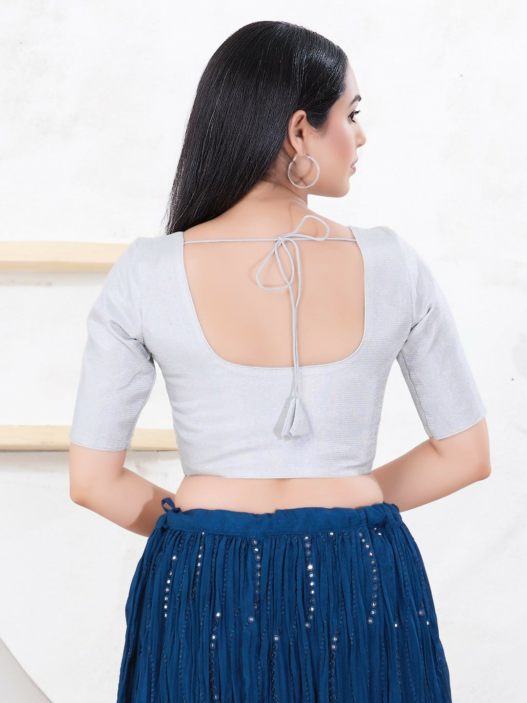 Joban Fashion Silver Tissue Elbow Sleeveless Front Open Blouse