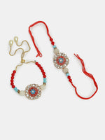 Thumbnail for NVR Women & Men Set of 2 Red-colored Stone-Studded & Beaded Bhaiya Bhabhi Rakhi With Roli Chawal - Distacart