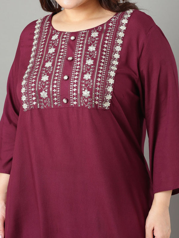 Sztori Plus Size Floral Yoke Design Mirror Work Straight Kurta