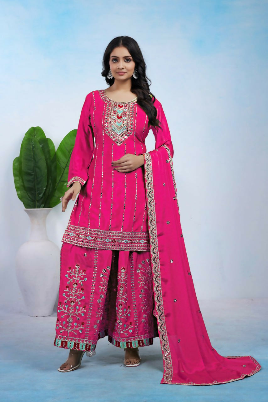 Joban Fashion Pink Silk Embroidered Sharara Set - Distacart