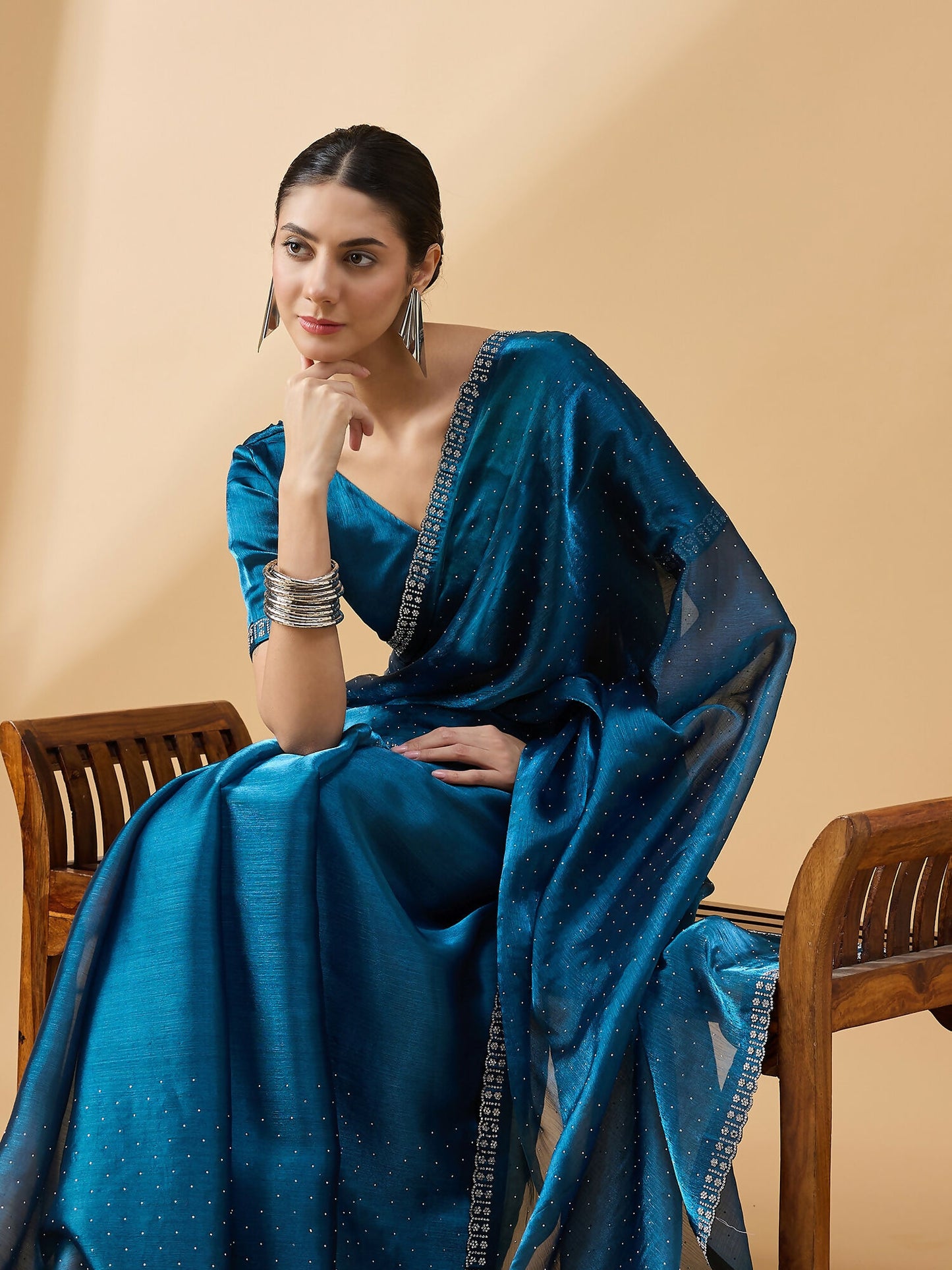 Teal Organza Swaroski Diamond Work Saree with Unstitched Blouse - Radha - Distacart