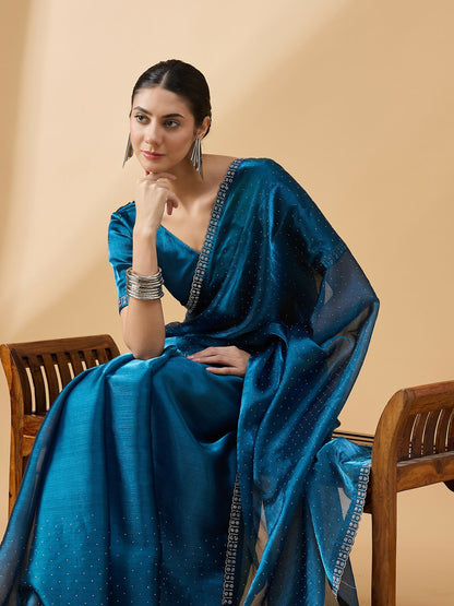 Teal Organza Swaroski Diamond Work Saree with Unstitched Blouse - Radha - Distacart