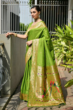 Thumbnail for Vishnu Weaves Women's Mahendi Paithani Silk Zari Woven Saree with Blouse