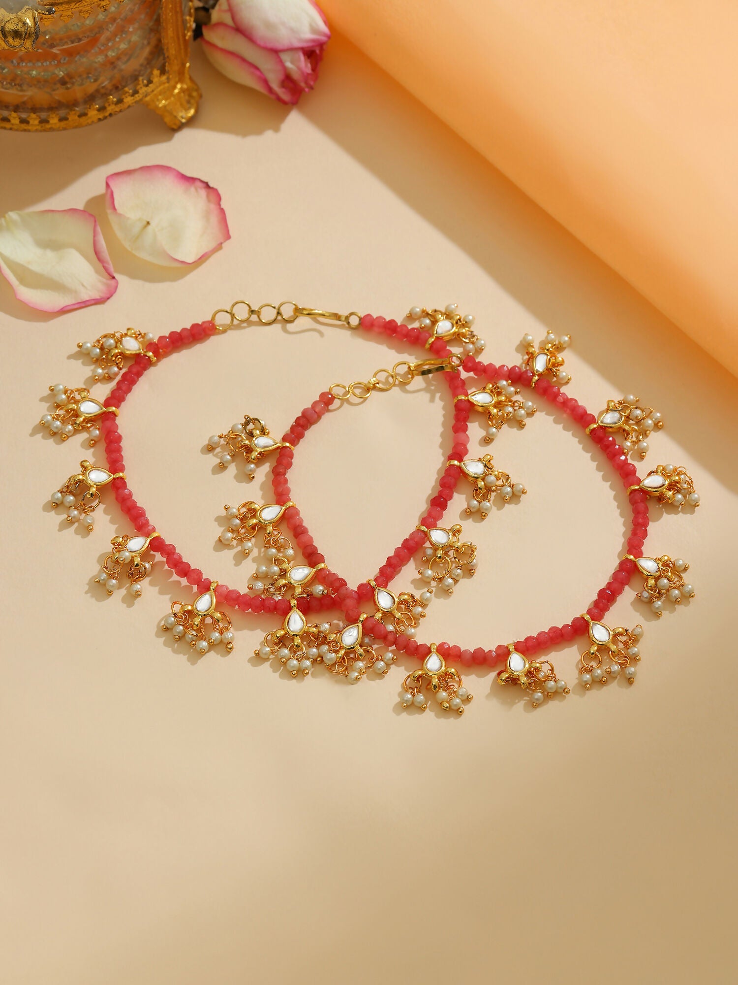 Ruby Raang 22k Gold Polished Stone Anklets