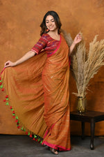 Thumbnail for Very Much Indian Designer Mul Cotton Handloom Saree with Sequins - Orange - Distacart