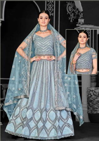 Aqua Blue Net Semi-Stitched Bridal Lehenga - Nimayaa Bonanza - Distacart