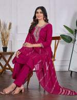 Thumbnail for The52 Pink Women's Beautiful Embroidered Rayon Slub Fabric with Straight Kurta, Pant and Dupatta Set - Distacart