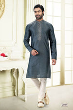 Thumbnail for Raivat Ethnic Jacquard Banarasi Silk Thread Work Kurta Pajama In Grey Colour - Distacart