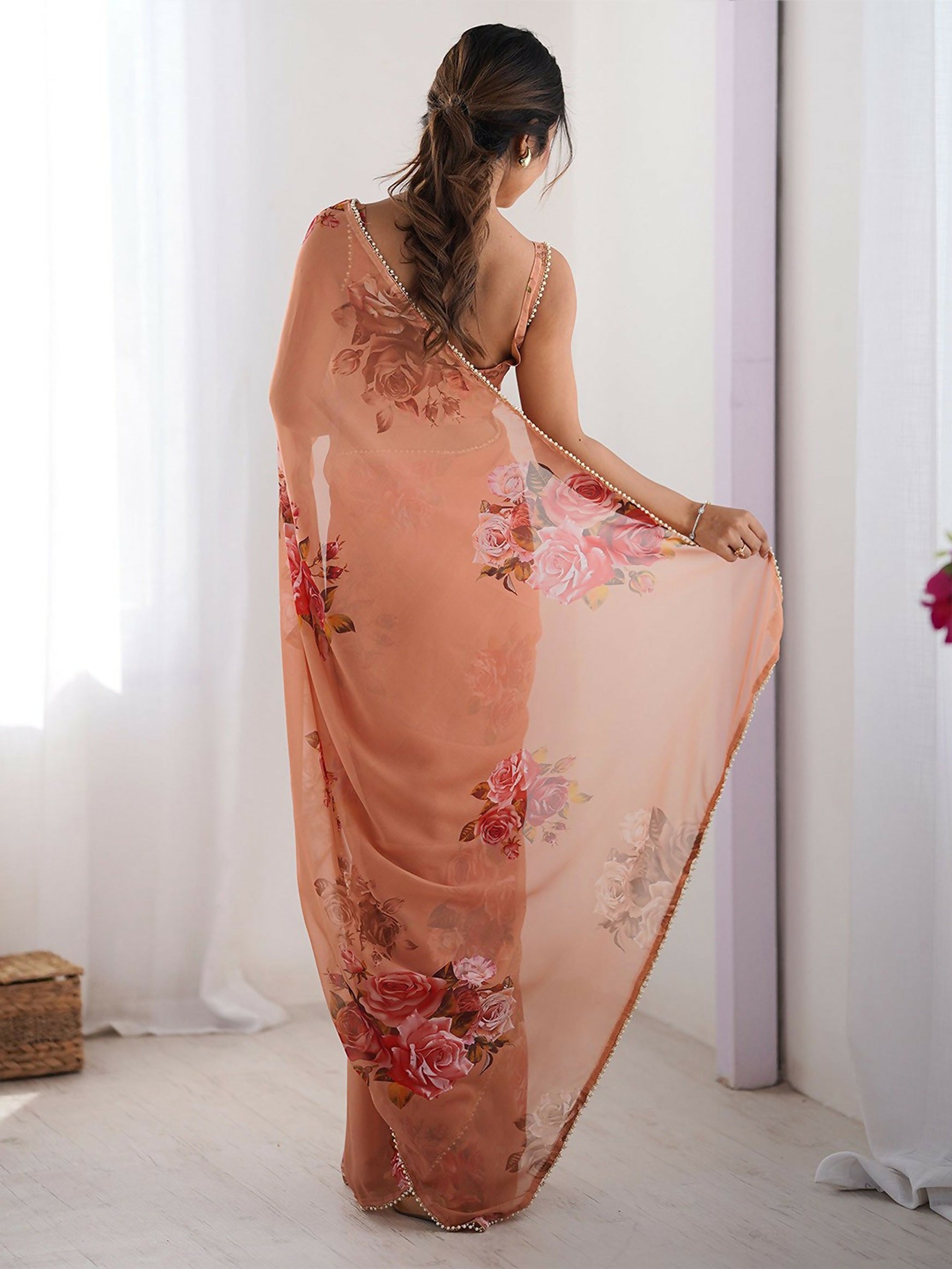 Traditional Partywear Peach Georgette Fancy Saree-Pavitra