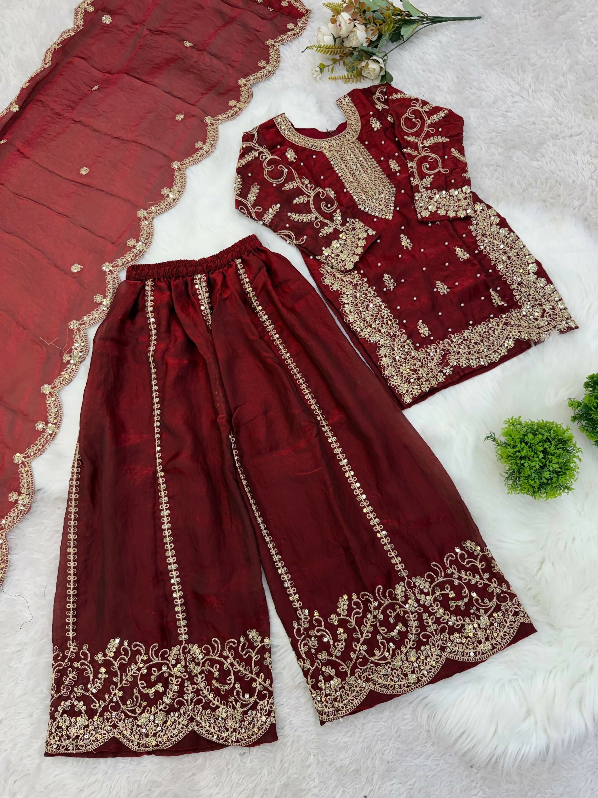 Teeya Creation Girls Heavy Embroidery Ethnic Kurta And Palazzo Set With Net Dupatta - Dista