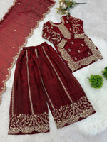 Thumbnail for Teeya Creation Girls Heavy Embroidery Ethnic Kurta And Palazzo Set With Net Dupatta - Dista