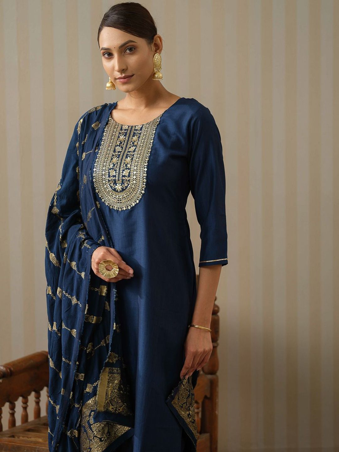 Ode by House of Pataudi Floral Yoke Design Silk Straight Kurta & Trousers With Dupatta - Distacart