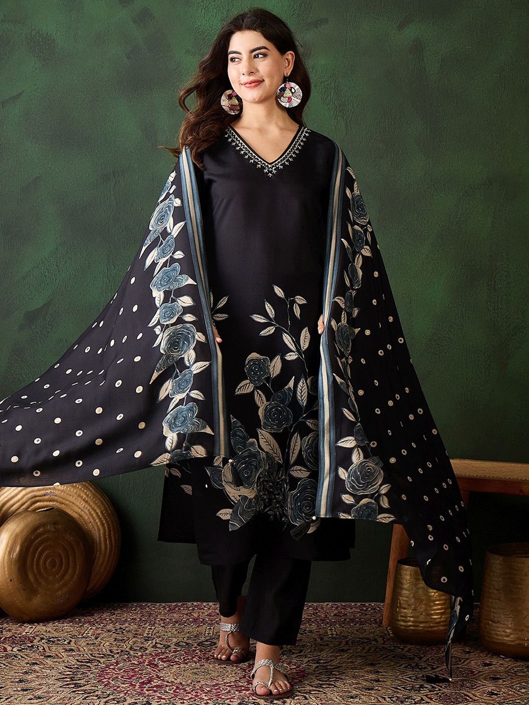 Sangria Floral Printed Sequinned V-Neck Straight Kurta & Trouser With Dupatta - Distacart