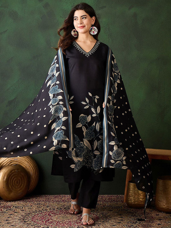 Sangria Floral Printed Sequinned V-Neck Straight Kurta & Trouser With Dupatta