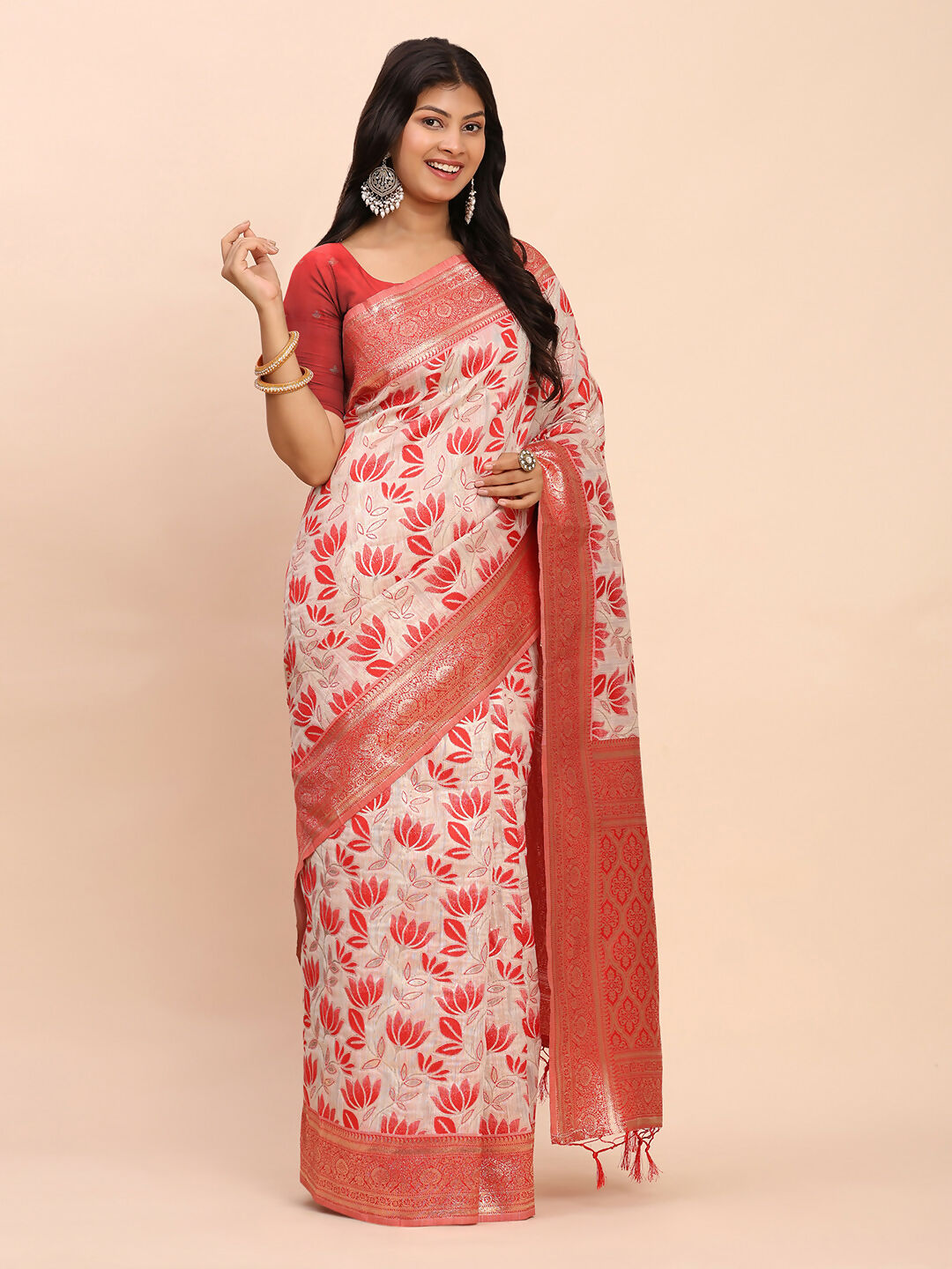 Astita Linen Cotton Red Saree