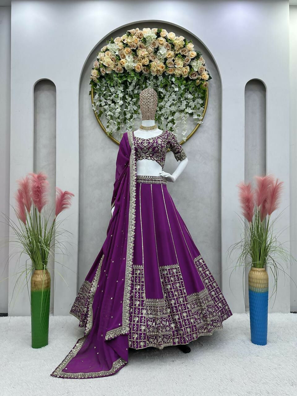 Jyoti Fashion Women's Wine Faux Georgette Sequins with Thread Embroidered Designer Lehenga Choli Set - Distacart