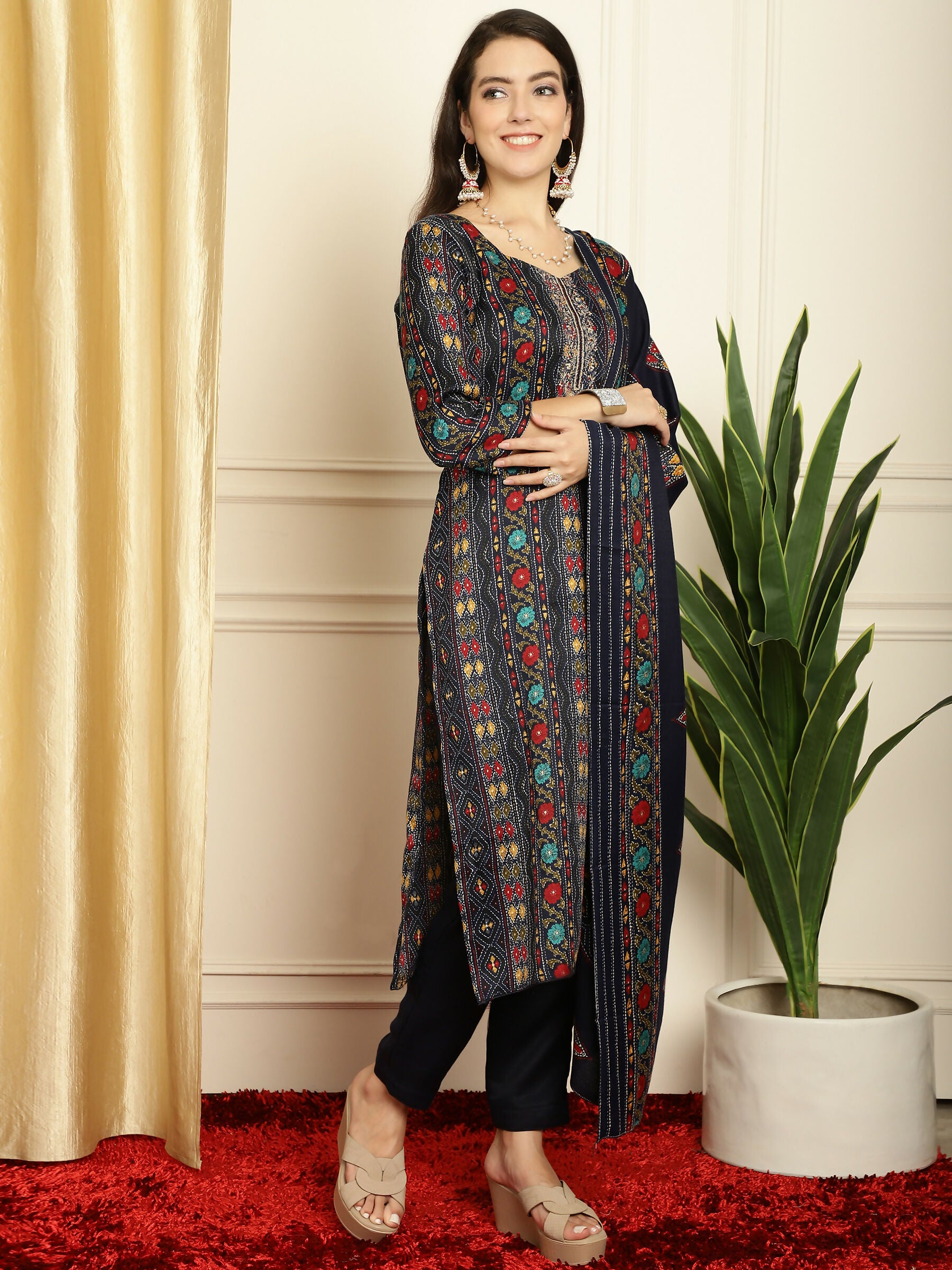 Jyoti Fashion Women's Navy Blue Pashmina Floral Digital Printed Kurta with Trouser & Dupatta - Distacart