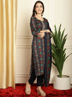 Thumbnail for Jyoti Fashion Women's Navy Blue Pashmina Floral Digital Printed Kurta with Trouser & Dupatta - Distacart