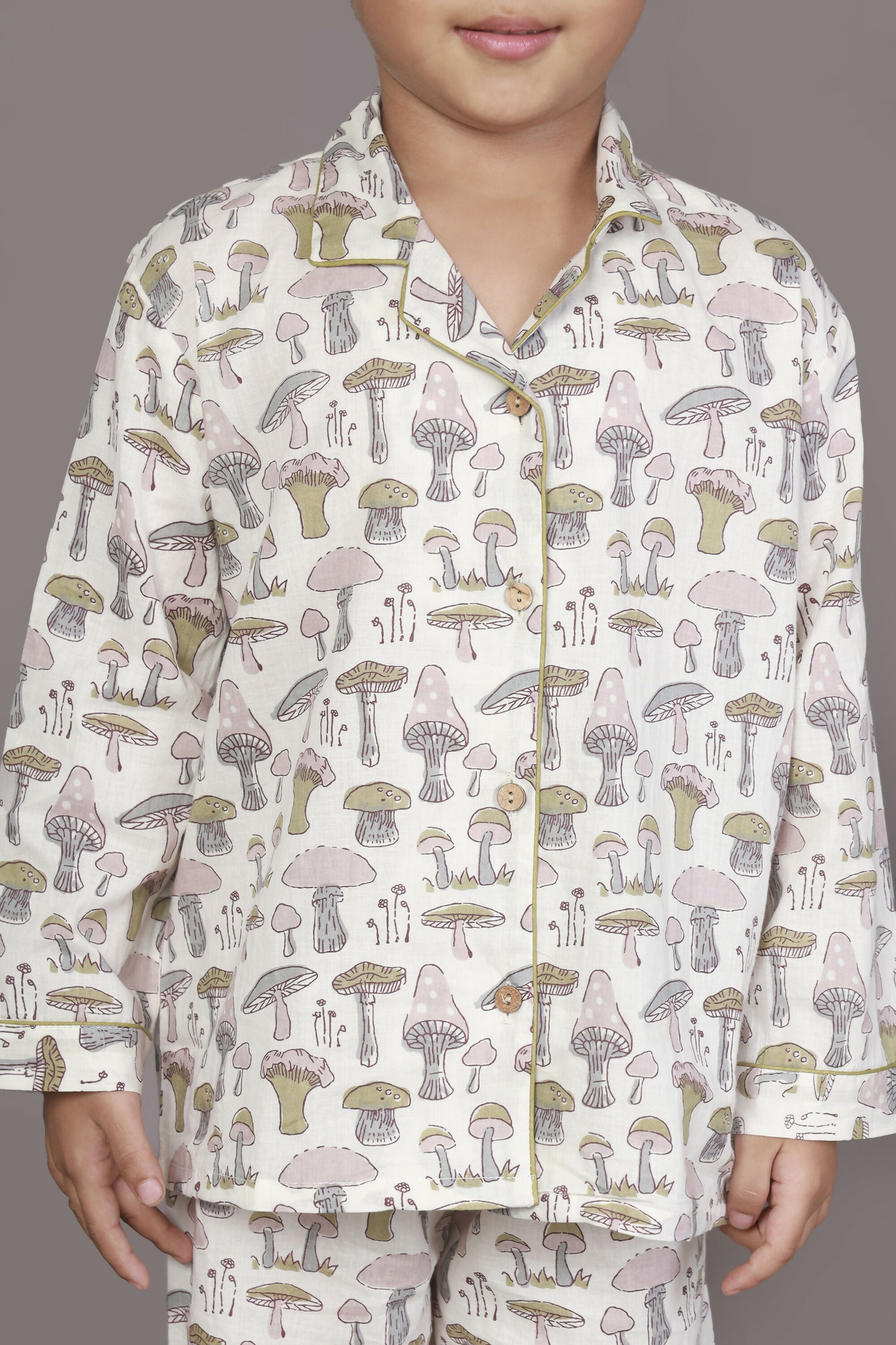 Breathables Kids Cotton White Mushroom Print Shirt & Pyjama Boys & Girls Night Suit - Dista