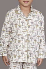 Thumbnail for Breathables Kids Cotton White Mushroom Print Shirt & Pyjama Boys & Girls Night Suit - Dista