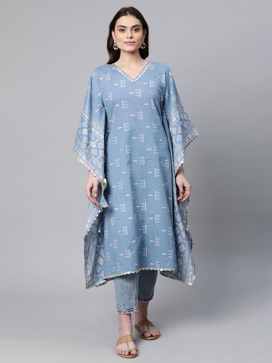 Ahalyaa Beige Pure Cotton Floral Printed Kaftan Kurta - Distacart