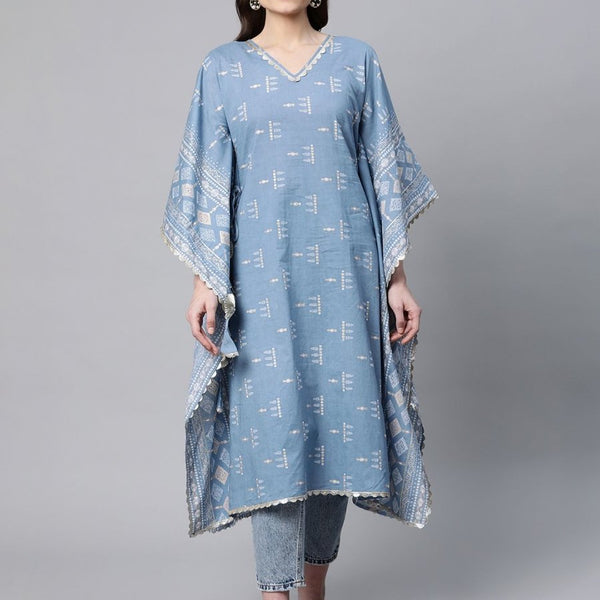 Ahalyaa Beige Pure Cotton Floral Printed Kaftan Kurta - Distacart