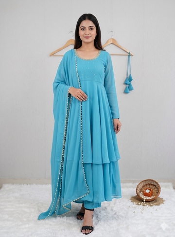 Teeya Creation New Trendy Stylish Anarkali Gown Set - Sky Blue - Dista