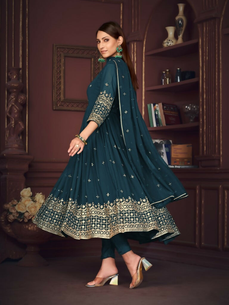 Jyoti Fashion Women's Rama Georgette Embroidered Anarkali Kurta Pant Set With Dupatta - Distacart