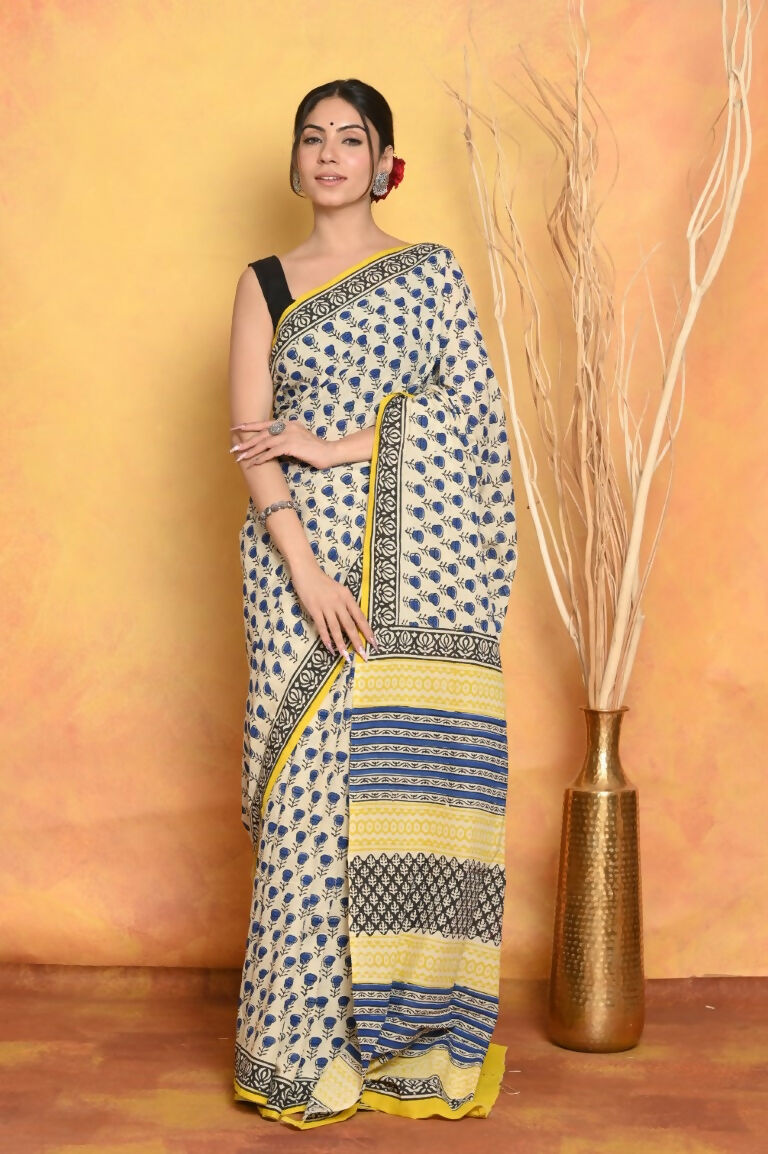 Very Much Indian Handblock Printed Cotton Saree With Natural Dyes - White - Distacart
