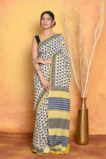 Thumbnail for Very Much Indian Handblock Printed Cotton Saree With Natural Dyes - White - Distacart