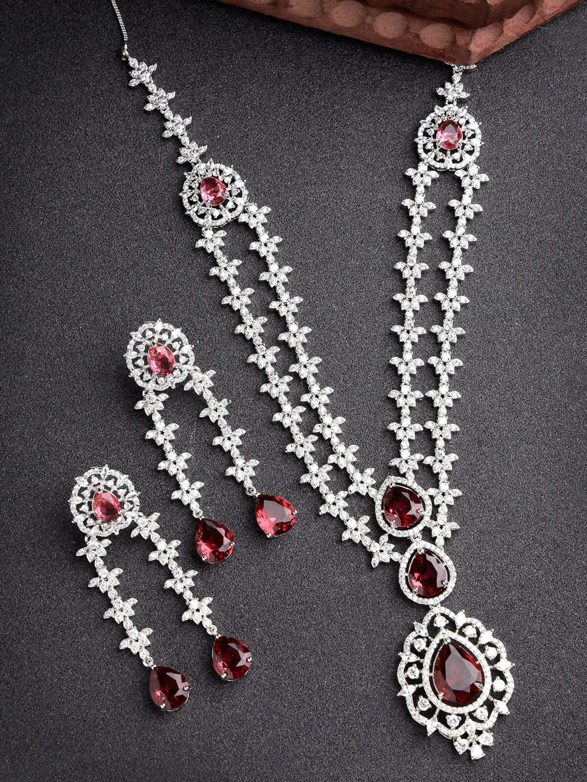 NVR Women's Silver-Plated Red CZ-Studded Handcrafted Jewellery Set - Distacart