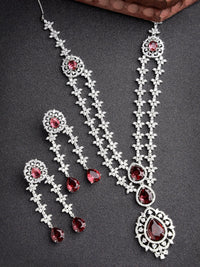 Thumbnail for NVR Women's Silver-Plated Red CZ-Studded Handcrafted Jewellery Set - Distacart
