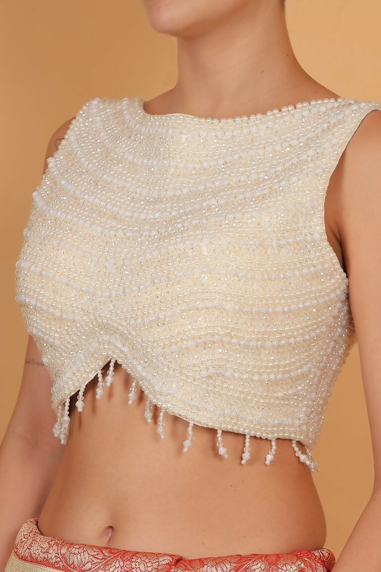 Joban Fashion Silk Pearl And Beads Hand Embroidery Padded Blouse - White