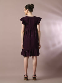 Thumbnail for Myshka Women's Violet Embroidered Cotton Round Neck A-Line Party Dress - Distacart