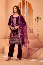 Thumbnail for Joban Fashion Purple Kurta Set Velvet Embroidery Sequence Work - Distacart