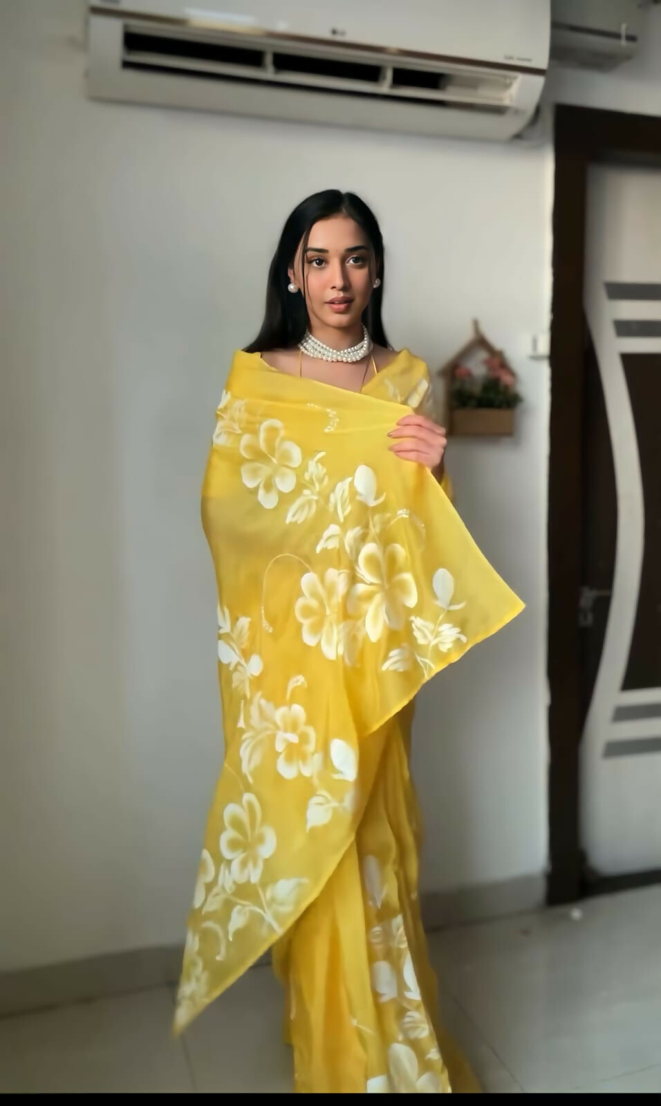Malishka Georgette Printed Ready To Wear Saree With Blouse Piece - Yellow - Distacart