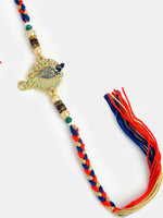 Thumbnail for NVR Men Gold-Toned Peacock Design Stone-Studdded Rakhi With Roli Chawal - Distacart