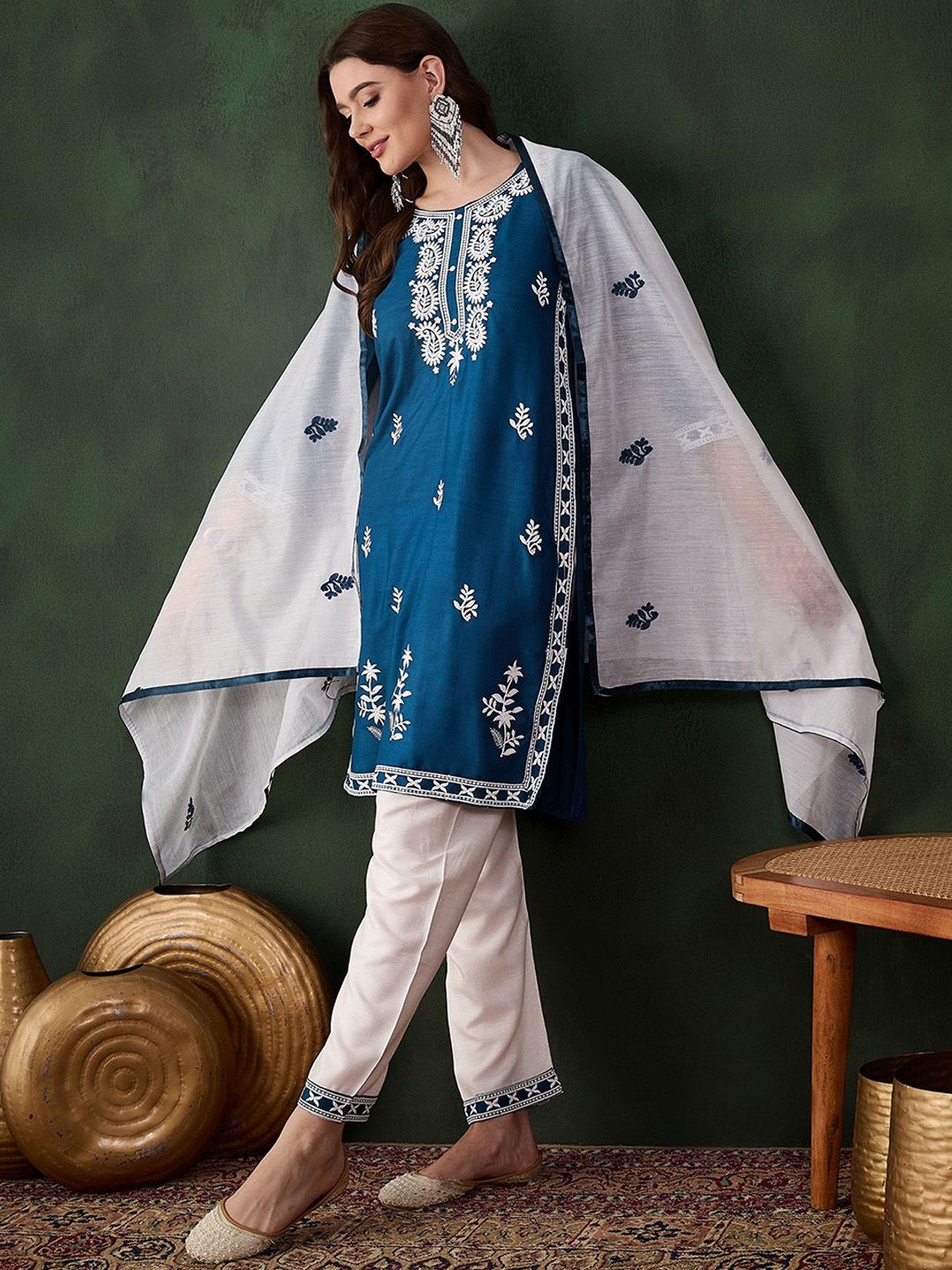 Sangria Teal Blue Paisley Embroidered Thread Work Straight Kurta & Trouser With Dupatta