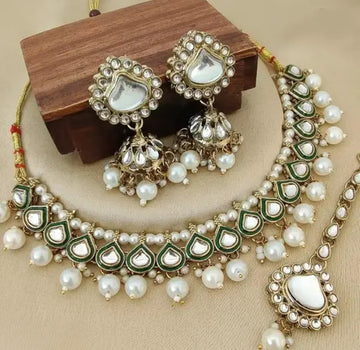 Jewel City Gold-Plated Kundan Pearl Choker Necklace Set for Women | Traditional Bridal Jewelry with Earrings & Maang Tikka | Festive & Wedding Wear - Distacart