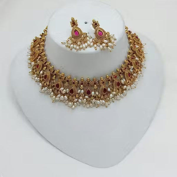 Jewel City Handcrafted Antique Gold-Plated Kundan Choker Necklace Set with Pearls | Traditional Indian Ethnic Bridal Jewelry Set - Distacart
