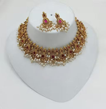 Jewel City Handcrafted Antique Gold-Plated Kundan Choker Necklace Set with Pearls | Traditional Indian Ethnic Bridal Jewelry Set - Distacart