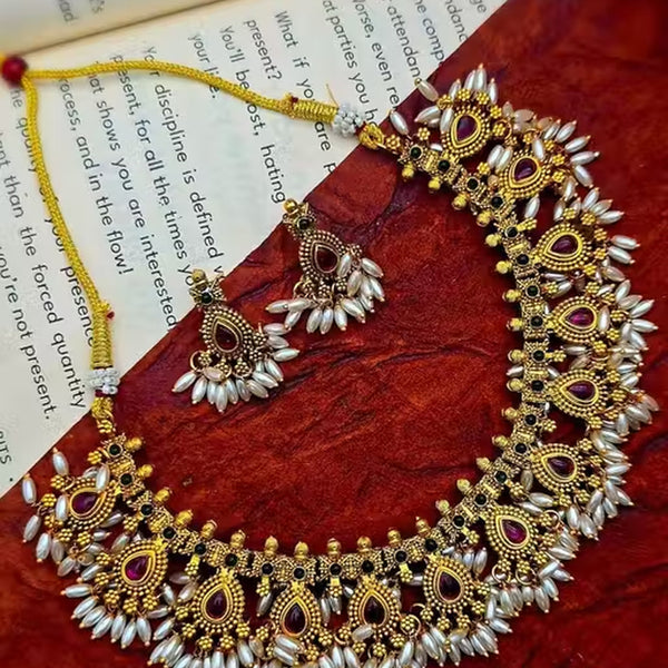 Jewel City Handcrafted Antique Gold-Plated Kundan Choker Necklace Set with Pearls | Traditional Indian Ethnic Bridal Jewelry Set - Distacart