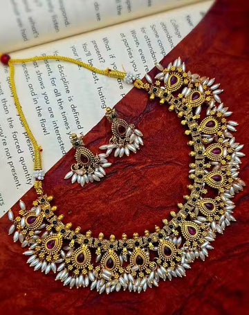 Jewel City Handcrafted Antique Gold-Plated Kundan Choker Necklace Set with Pearls | Traditional Indian Ethnic Bridal Jewelry Set - Distacart